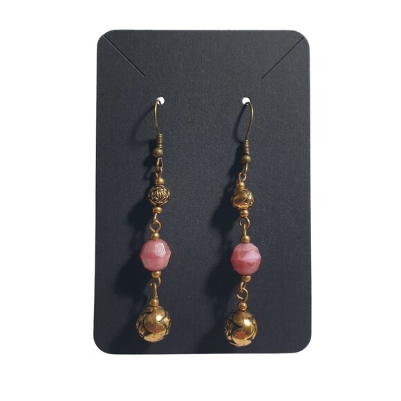Rose Gold Tone Drop Earrings Pink Beaded Long Dangle Hook Lightweight Mom Gift - Picture 1 of 5